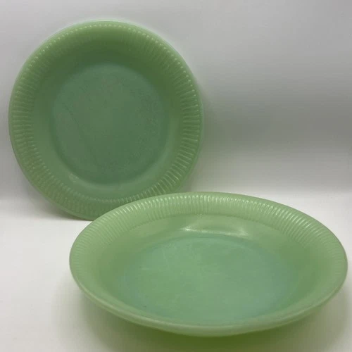 Vtg. Jadeite Fire King Ribbed Jane Ray Green Glass Soup Bowl & Plate 7.5” Worn
