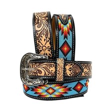 Affilare Western Tooled Leather Beaded Belt with Removable Buckle Heavy Duty