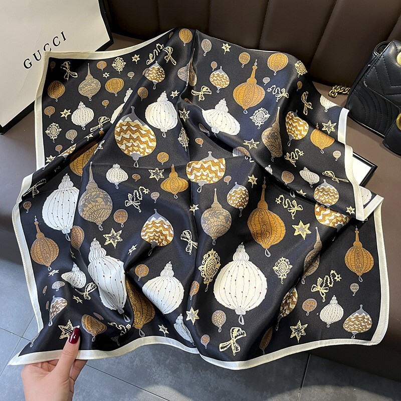 100% Silk Scarf Women Black Shell Pattern Head Wrap Bandana Turban 68cm