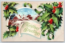 1910 Christmas Postcard Holly and Wintery Farm Scene Publ JLW