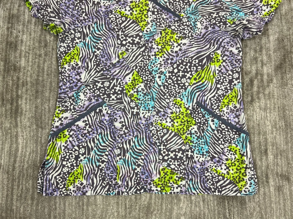 Scrubstar Scrub Top Womens Small Gray Nurses Uniform Animal Geometric Pattern - Image 3 of 4