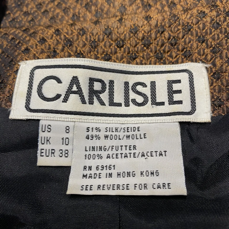 Carlisle Blazer 女式 8 棕色丝绸羊毛几何图案 1 按钮别致职业复古 — 第 2/4 张图片