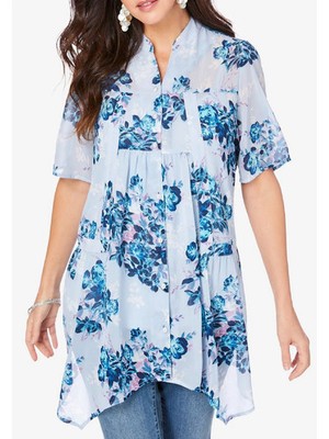 Big-Size Sommer Baumwolle Kurzarm Tunika Bluse Flower Roamans Gr. 46 #V20