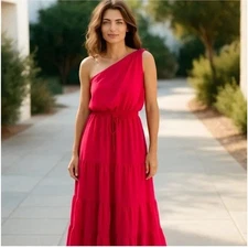 MAX STUDIO ONE SHOULDER TIRED MAXI DRESS POCKETS COLOR Red SZ MEDIUM NEW