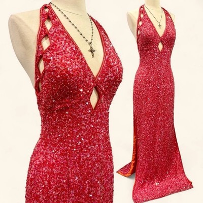 Vintage 90s Y2K Scala Red Sequin Cut Out Satin Long Formal Dress 100% Silk 
