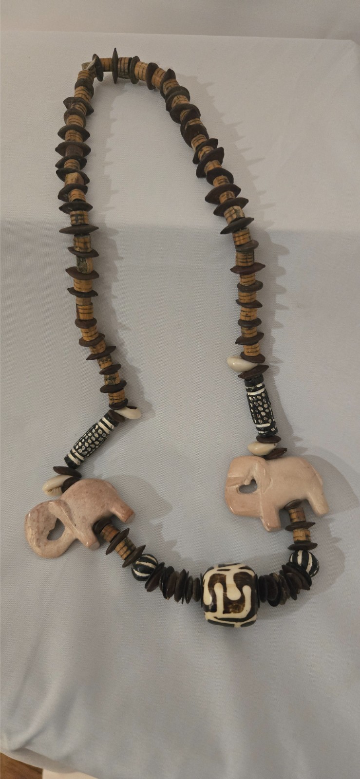 African beaded wooden necklace, handmade, brown and cream
