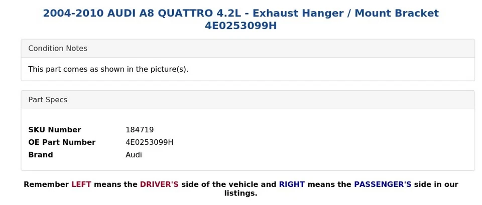 AUDI A8 QUATTRO 2004-2010 4,2 L - Suspensión de escape/soporte de montaje 4E0253099H Foto 3 de 4