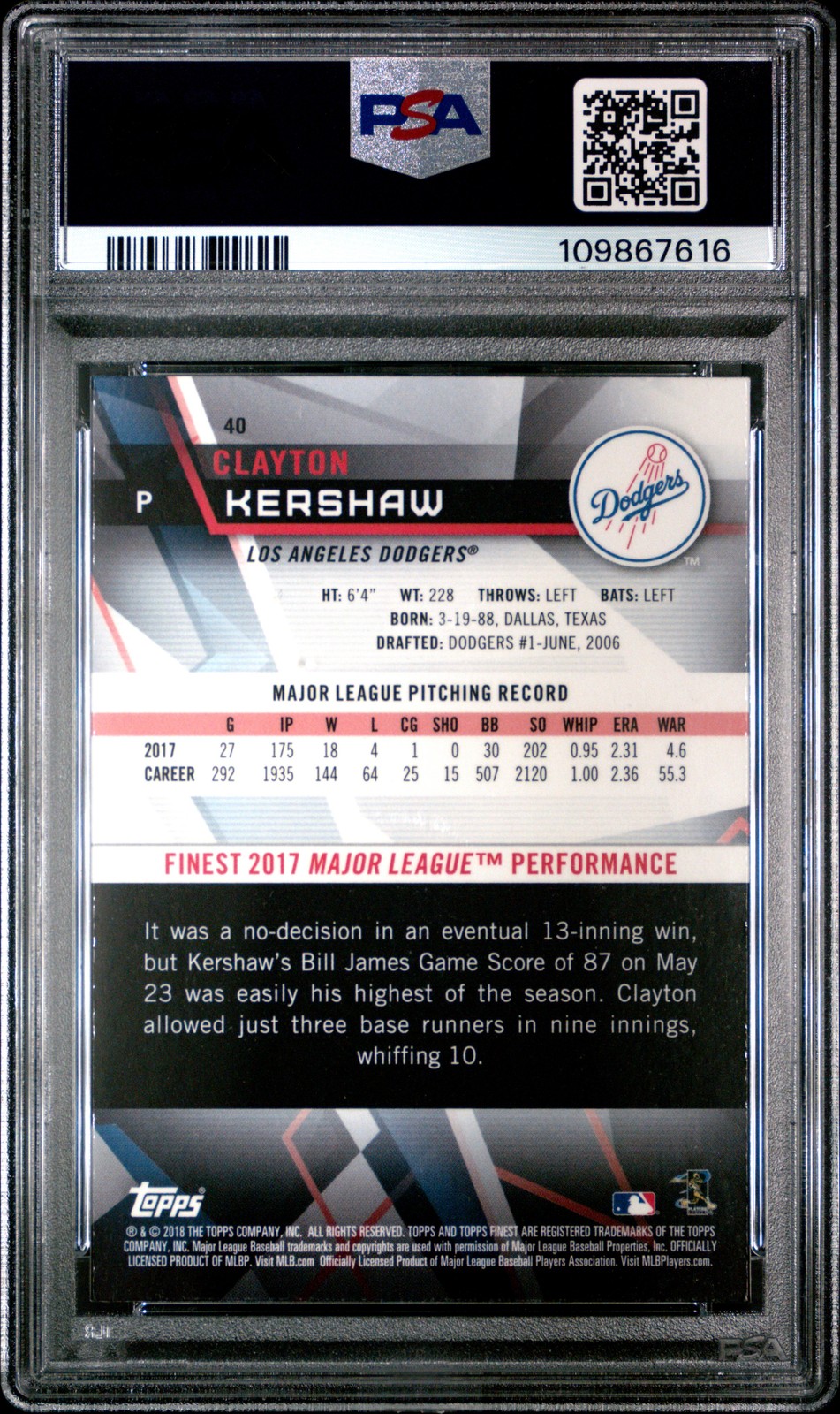 2018 TOPPS FINEST #40 CLAYTON KERSHAW PSA 10 view 2