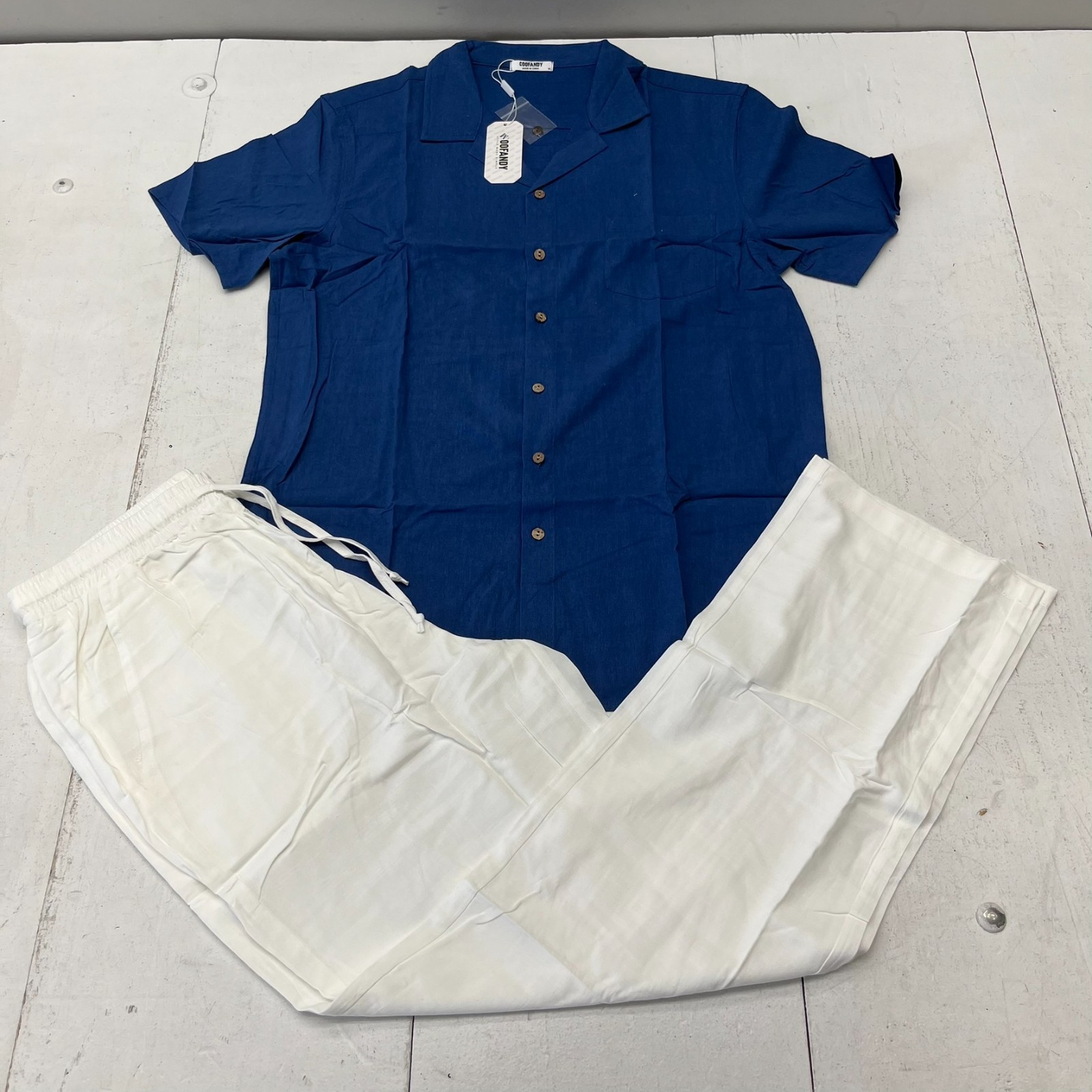 CooFandy Blue & White 2 Piece Linen Beach Outfit Men's Size Medium NEW
