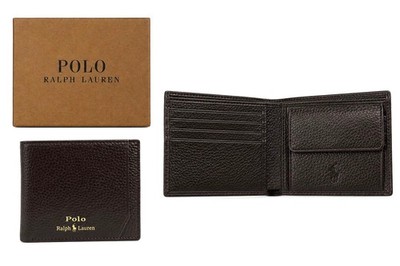 Polo Ralph Lauren Herren-Geldbörse mit Doppelfaltung dunkelbraun Kieselleder Münzfach