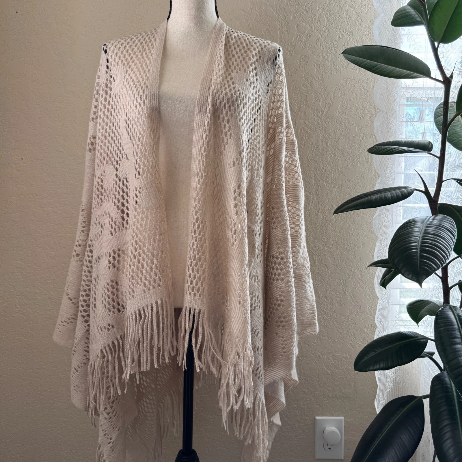 Women Open Knit Cardigan Poncho Wrap Fringe Beige