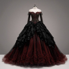 Gothic Wedding Dresses Black Off Shoulder Lace Sweep Train Bridal Gowns