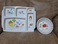 Vintage Melamine Ware Divided Plate And Bowl With Farm Animals Kids Food 