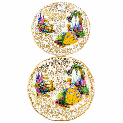 2x Salisbury Bone China Lady in Garden Gold Chintz Untertassen 