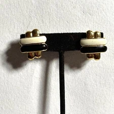Vintage Monet Earrings Black White & Gold Tone Cross Hatch Bars Elegant