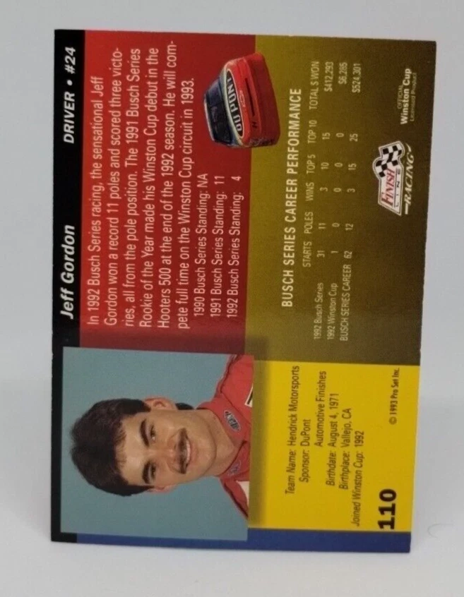 1993 Pro Set Finish Line Racing Jeff Gordon NASCAR Winston Cup Card #110 - Image 2 of 2