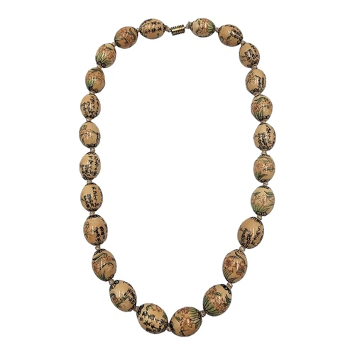 Vintage Antique Hand Painted Knotted Chinese Porcelain Shou Large Bead Necklace