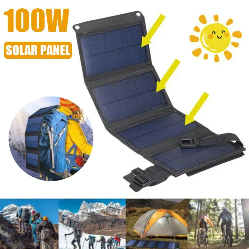 100W USB Solar Panel Folding Power Bank Outdoor Camping Hiking Phone Charger US