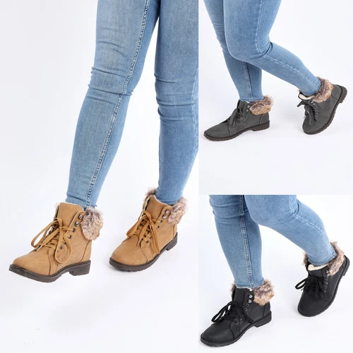 Women Winter Ankle Boots Lace Up Faux Fur Grip Sole Walking Outdoor Warm Shoes