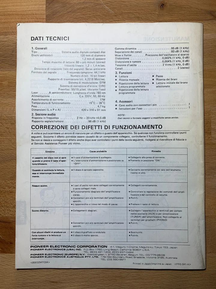 Manuale originale Pioneer PD-5010 lettore CD italiano tedesco francese inglese - Immagine 2 di 3