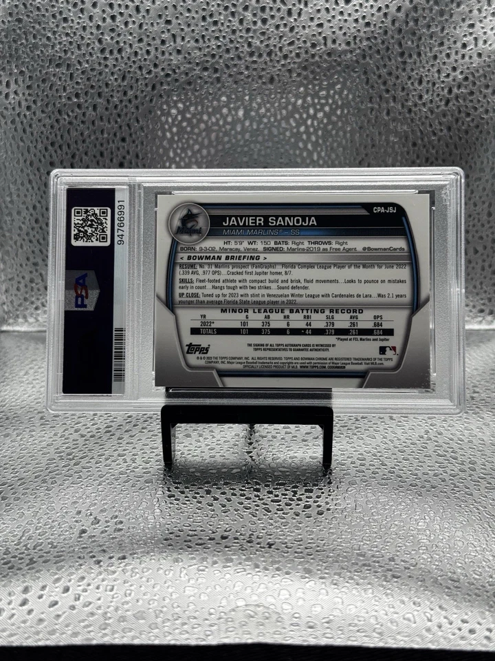 2023 BOWMAN CHROME PRSPCT AUTOS ORANGE WAVE JAVIER SANOJA 2/25 PSA 6 AUTO 10 - Image 2 of 2