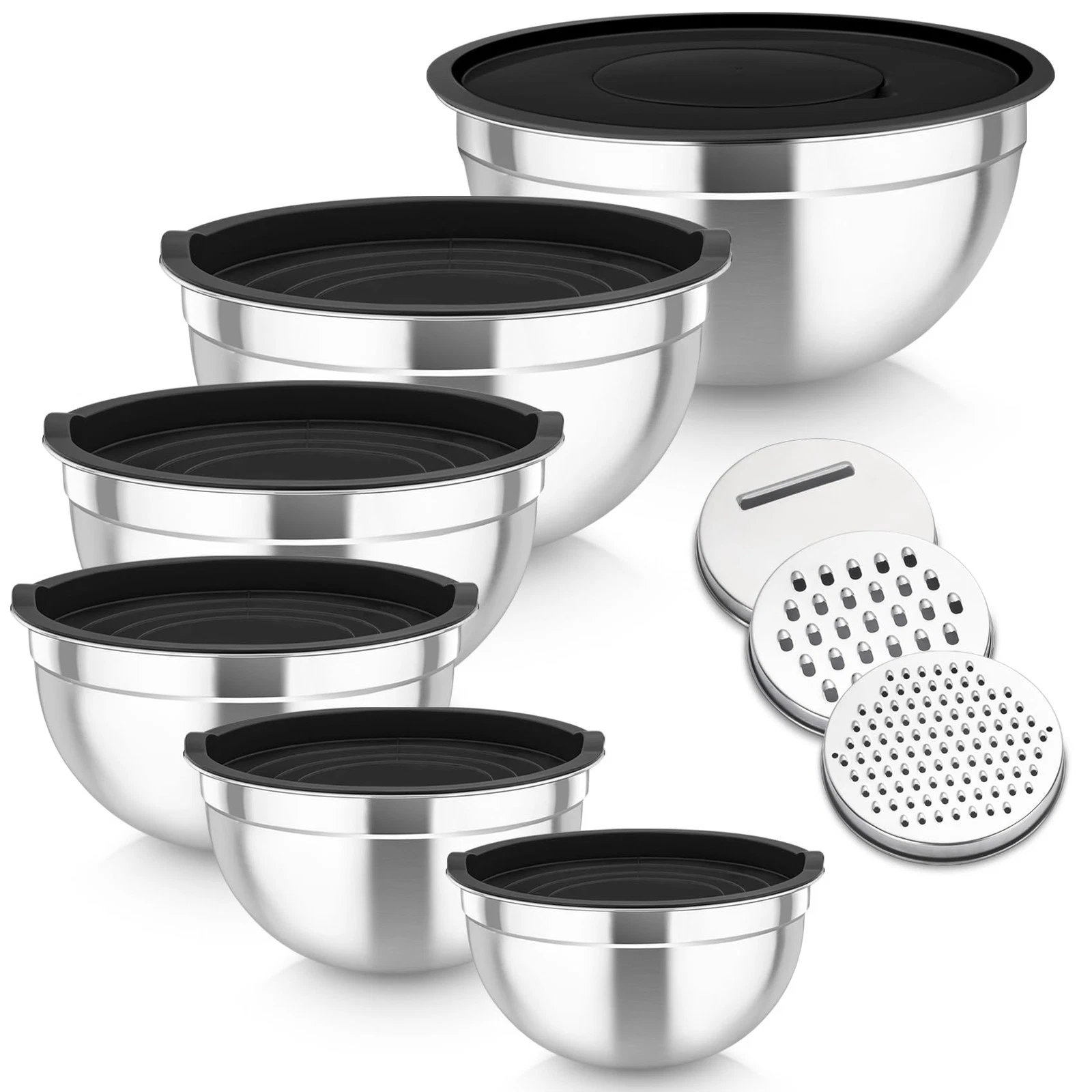 Mixing Bowls Set of 6, Stainless Steel Nesting Mixing Salad Bowl with 3 Grate...