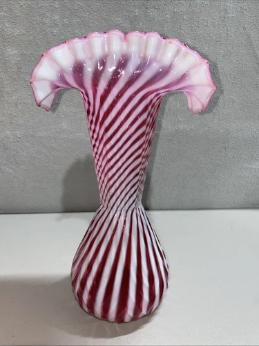 Fenton Art Glass 3264 Cranberry Spiral Opalescent Large 11 1/2" Flower Vase 1938
