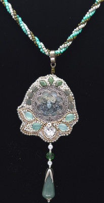 Artisan Beaded Pendant Necklace Green Teardrop Charm, Silver Glass Beads