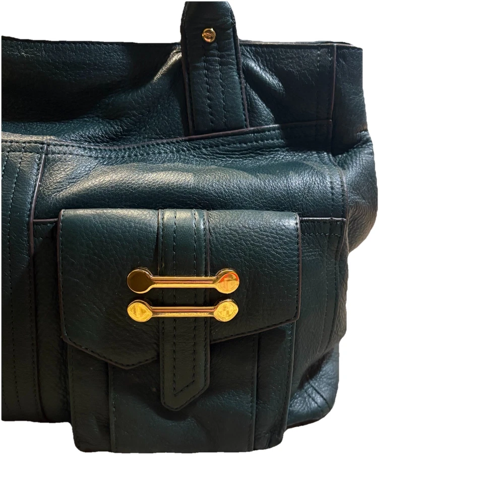 Bolso de hombro Lauren Ralph de cuero caído verde oscuro dorado herrajes bolsillos delanteros Foto 4 de 4