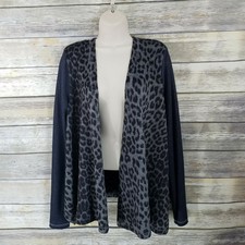 Mystree Size L Open Front Jacket Denim Look Snow Leopard Raw Edges Boho Knit