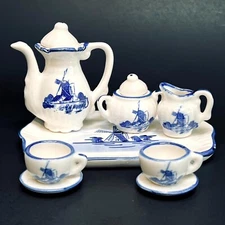 Vintage Miniature Delft Blue & White Porcelain Tea Set   10 Pieces
