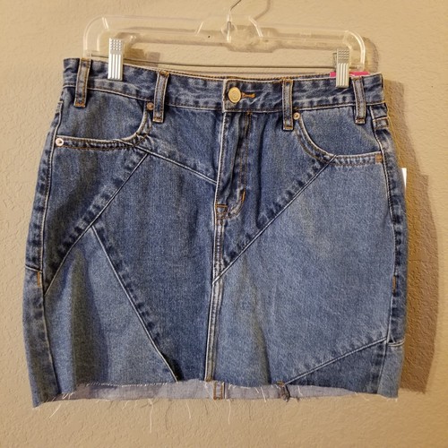 Rock & Roll Denim New Womens Blue Patch Denim High Rise Skirt Raw Hem Waist 30
