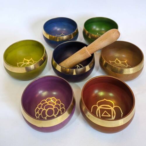 7 Chakra Set of Seven Colourfull Handmade Tibetan Singing Bowls Best for Healing - Picture 1 of 6