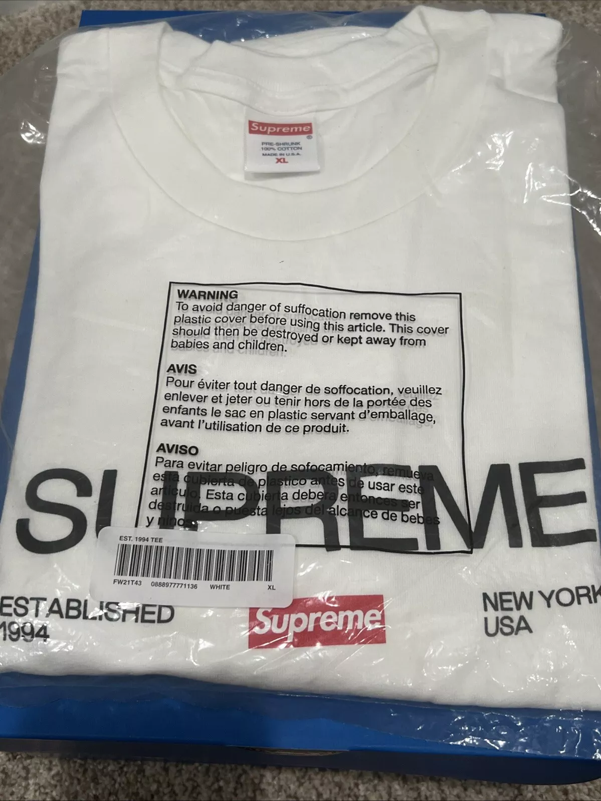 Suprême Est. Tee shirt blanc FW21 1994 neuf taille XL envoi aujourd'hui !!!