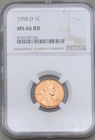 1958 D Lincoln Penny NGC MS 66 RD One Cent