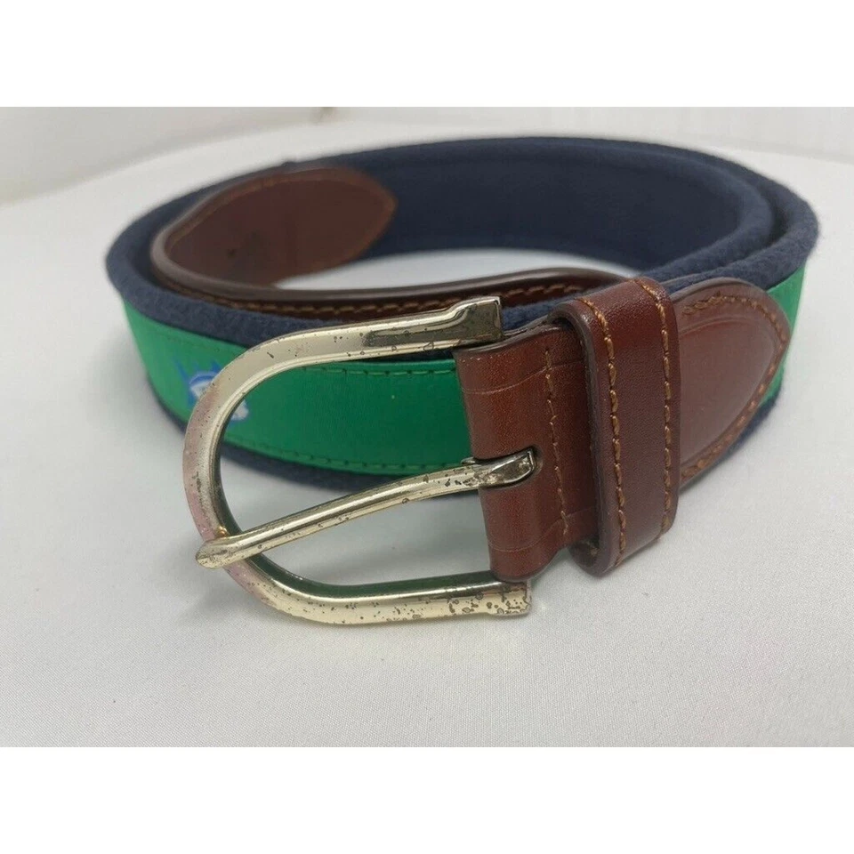 Southern Tide 1993 Belt Nautical Fish Men Sz 32 Navy Green Ribbon Canvas Leather - Image 3 of 4