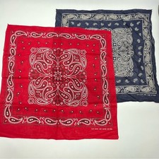 Vintage 1980s Navy Blue  Red Abstract and Paisley Lot of 2 Bandanas Set