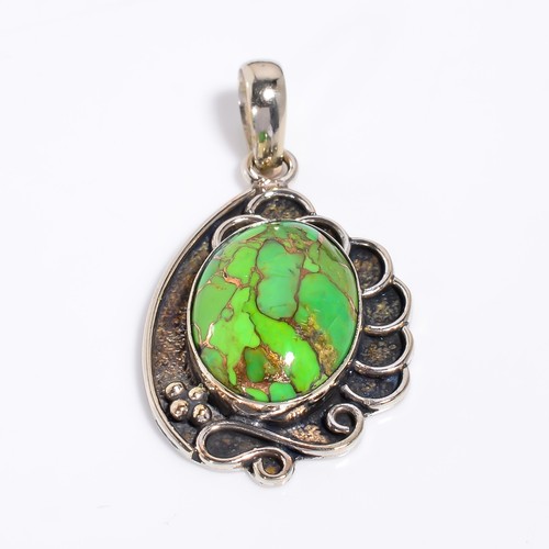 Copper Green Turquoise Pendant, 925 Sterling Silver Handmade Jewelry Pendant " - Picture 3 of 3
