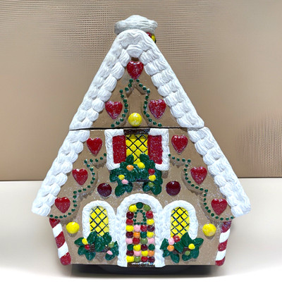 Vintage Handcrafted Gingerbread House Cookie Jar Canister Colorful Glitter 9''