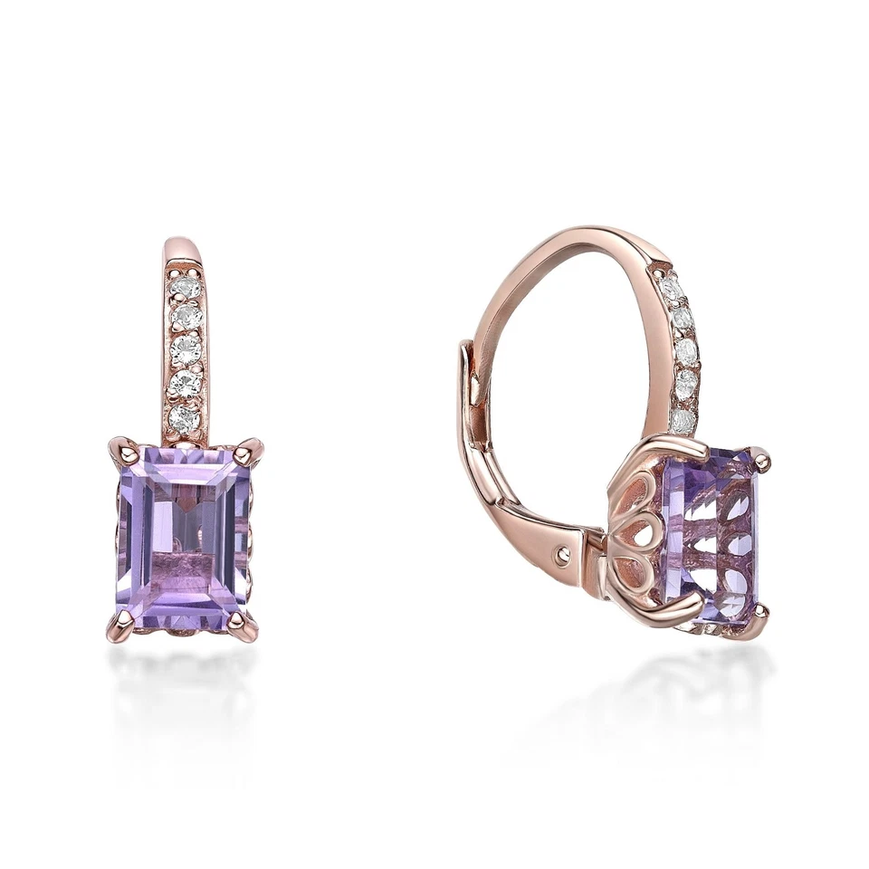 Pendientes Baguette Amatista Chapados en Oro Rosa Plata de Ley Foto 2 de 4