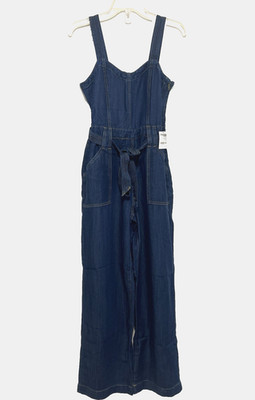 Refuge Women's Denim Tie Waist Jumpsuit Wide Leg Adjustable Straps Size 2 New