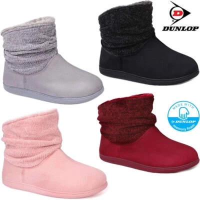 LADIES SLIPPERS WOMEN DUNLOP MEMORY FOAM FUR THERMAL ANKLE BOOTS WARM SHOES SIZE