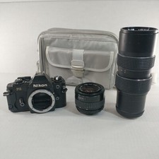 Nikon FG 35mm Film SLR Camera  35-70mm Lens , 75-205mm Lens  Bag Bundle Tested
