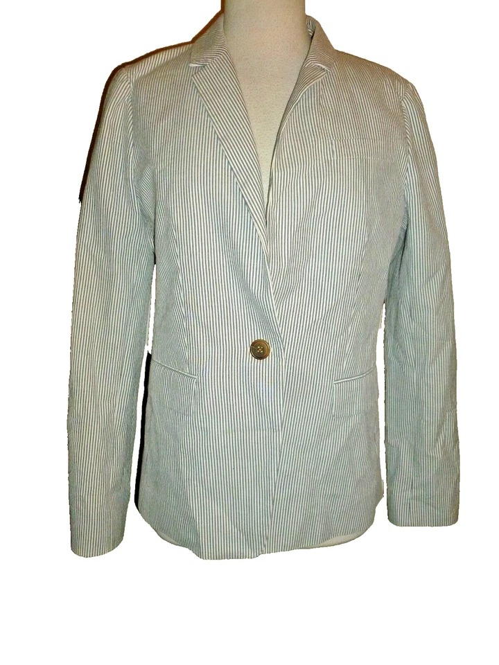 J. CREW 100% Algodón Blazer Chaqueta Azul Gris PinStripe Ligero Verano talla 10 Foto 2 de 4