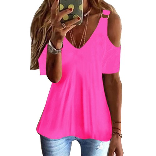 V Neck Women T-Shirt Tunic Tops Tees Pullover Short Sleeve Cold Shoulder Casual - Bild 5 von 11