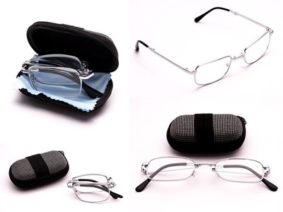 High Quality Silver Glass Lens Folding Reading Glasses with Case +