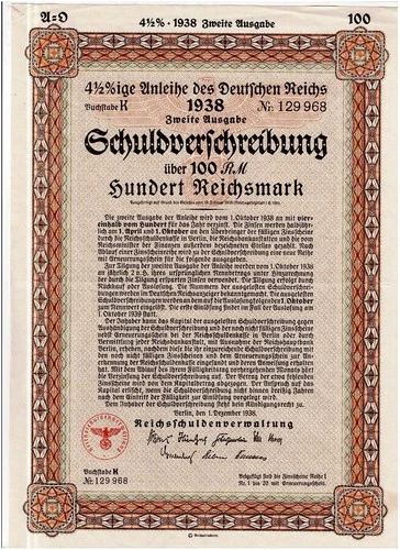 TAA #37 German Reich, Berlin 1938, SV 100 Reichsmark, unpunched/coupons, VF