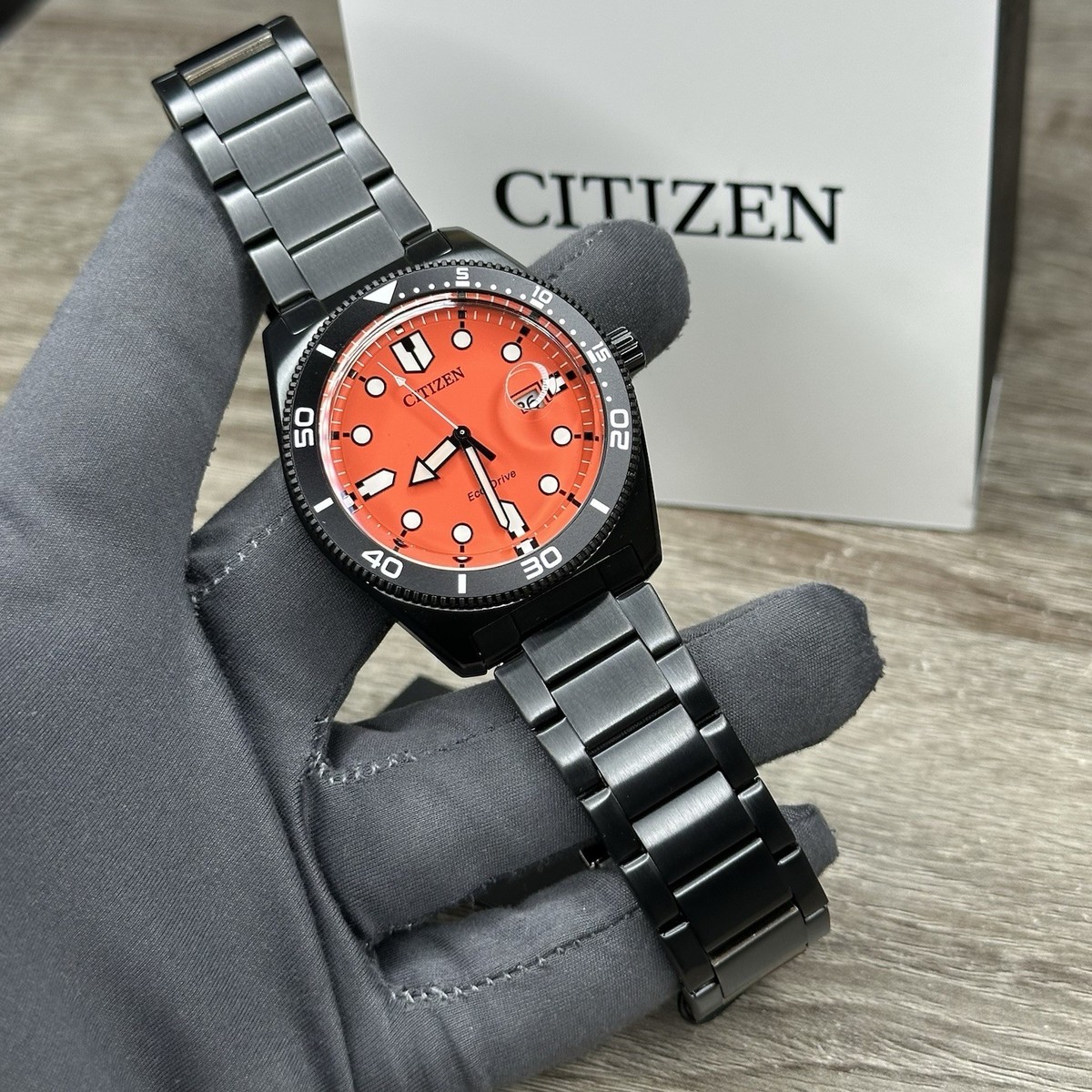 NEW✓ Citizen Eco-Drive Sports Orange Dial Black Steel Men's