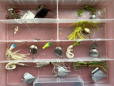 Lot of 11 Used Swimbaits 3 Buzzbaits 8 Spinbaits In Plastic Bait Box See Photos