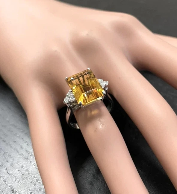 14k Massiv Weißgold Citrin & Diamanten Ring Smaragd Schnitt 7.20 Karat Hochzeit - Bild 2 von 4